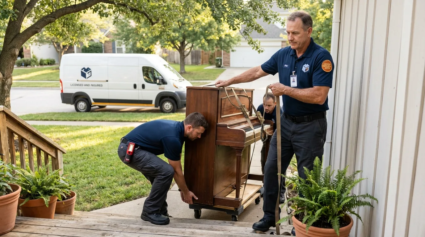 Licensed piano movers securing grand piano in Plainview, NY