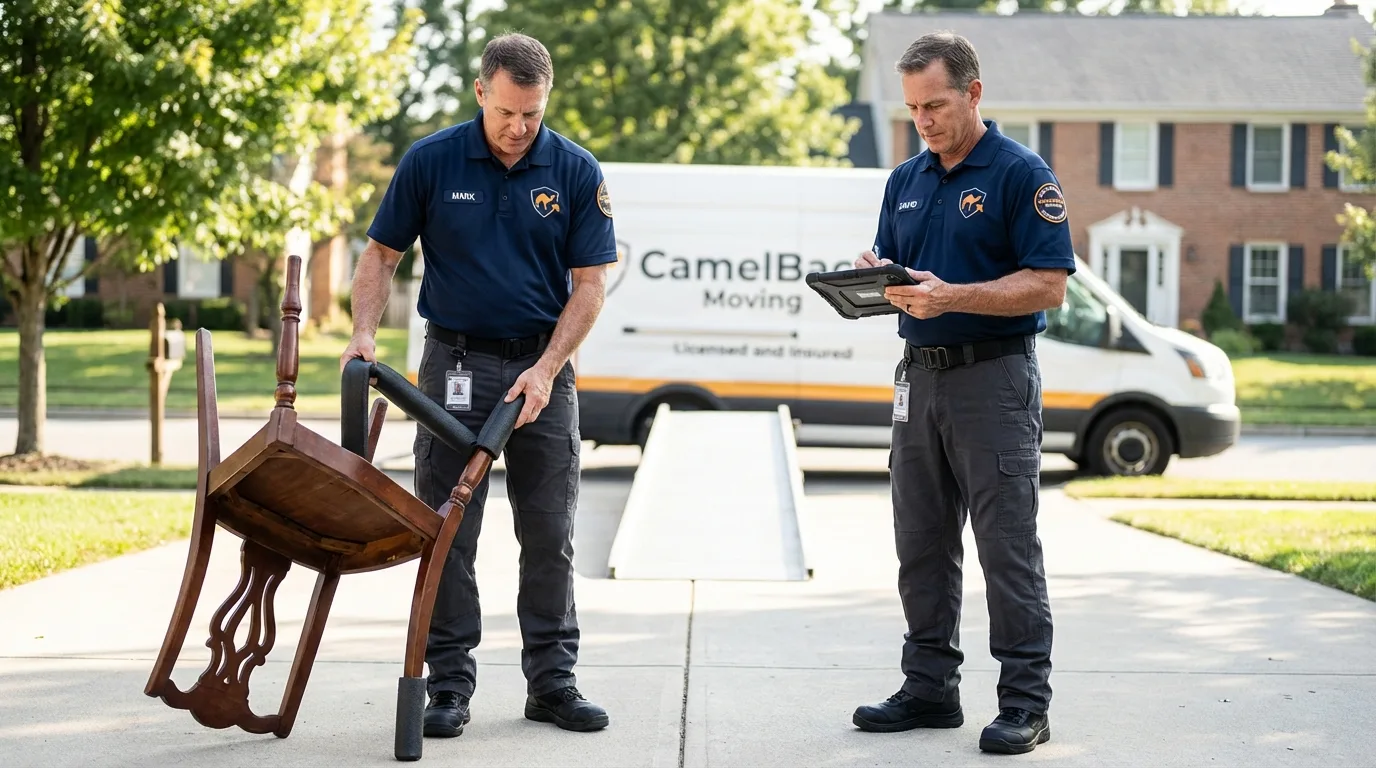 Movers inspecting furniture for damage prevention before loading in Plainview, NY